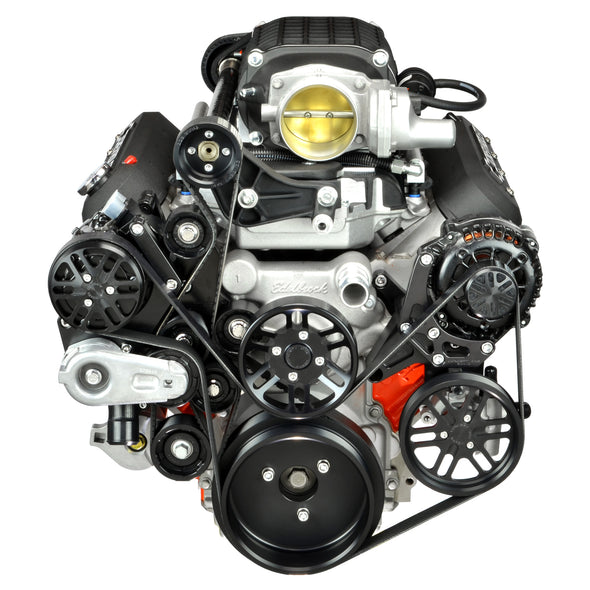 Front view of black anodized accessory drive system on a Chevy LS engine with a Magnuson supercharger